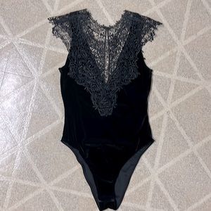 Black Lace Petite Top Shop US 4 UK 8 Bodysuit Velvet Snap Crotch